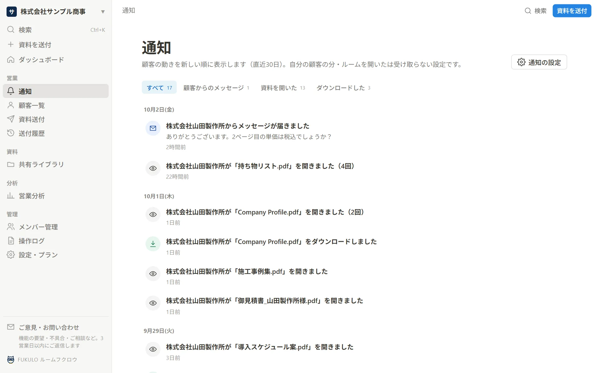 通知の画面。顧客からのメッセージや資料を開いた記録が新しい順に並ぶ